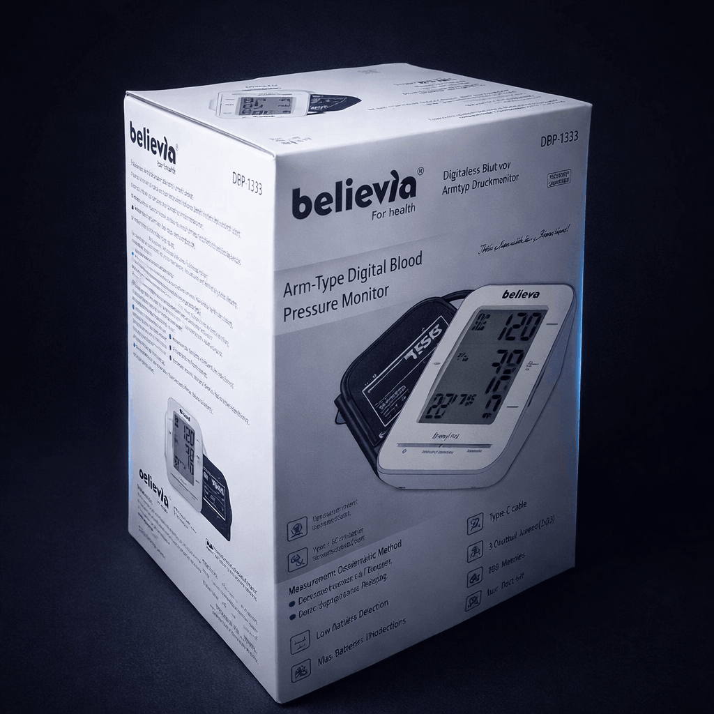 Believia blood pressure monitor packaging on a dark background