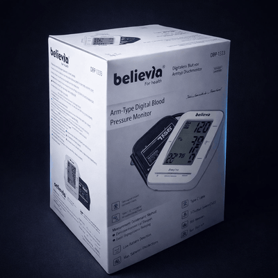 Believia blood pressure monitor packaging on a dark background
