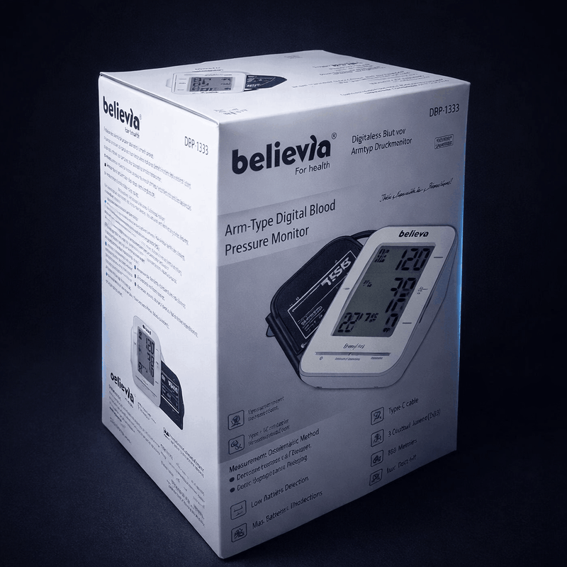 Believia blood pressure monitor packaging on a dark background