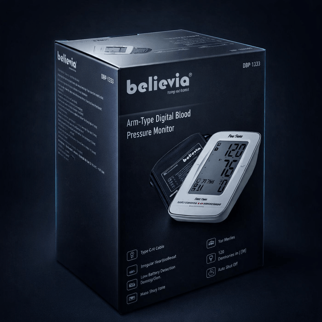 Believia blood pressure monitor packaging on a dark background