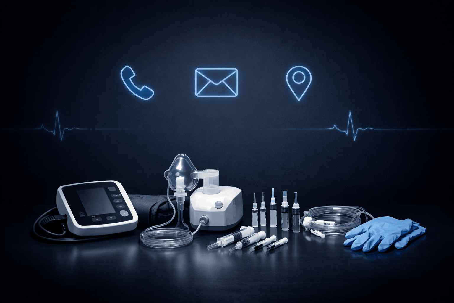 Medical equipment and supplies on a dark surface with glowing icons above.