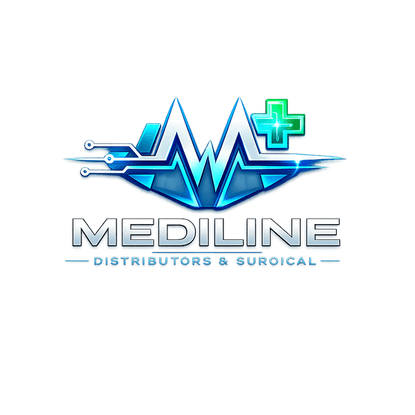 Mediline logo with blue and silver design on a black background