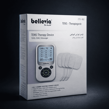 Believia TENS Therapy Device packaging on a dark background