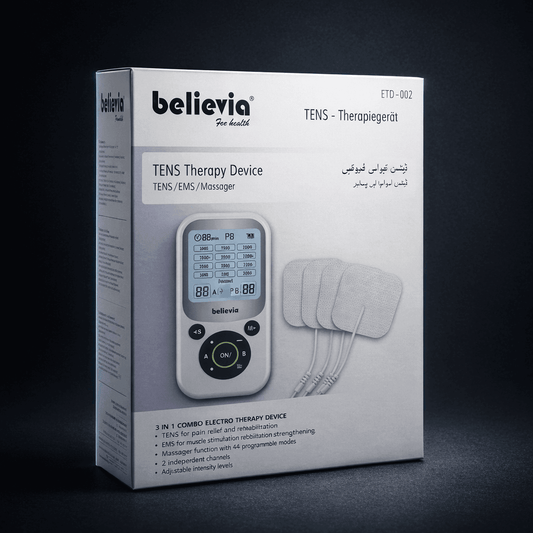 Believia TENS Therapy Device packaging on a dark background